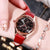Casual women's quartz calendar wrist watch with red strap and black dial, perfect for students and fashion lovers.