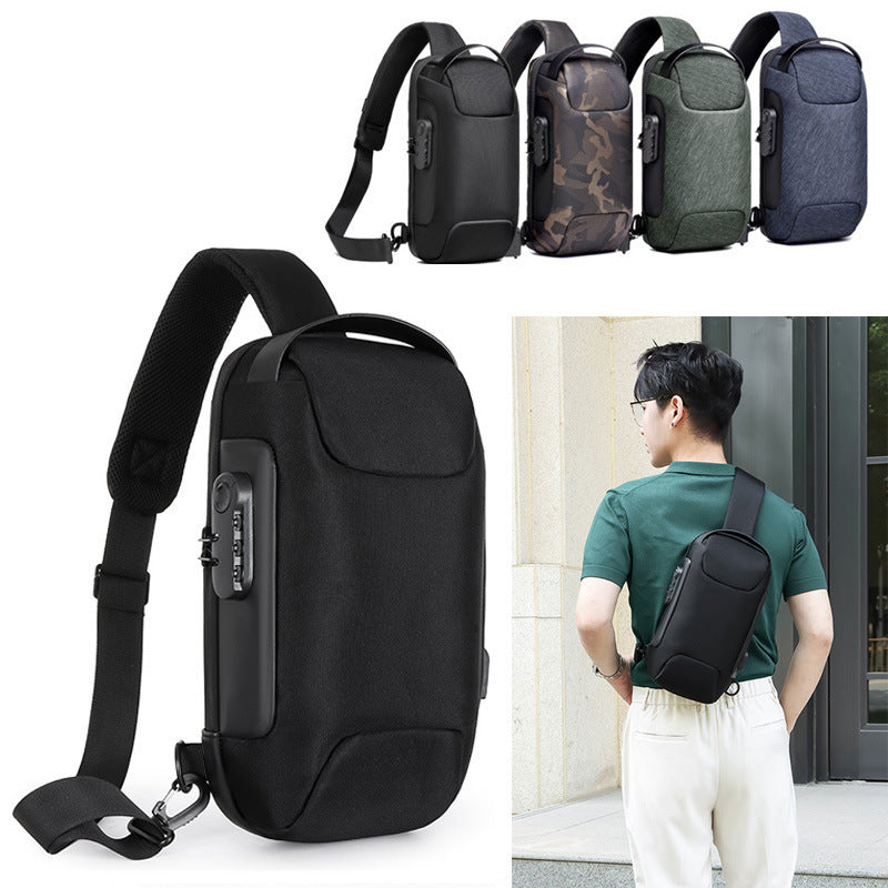 Men's waterproof sling bag with anti-theft lock, available in multiple colors, worn as a crossbody backpack.