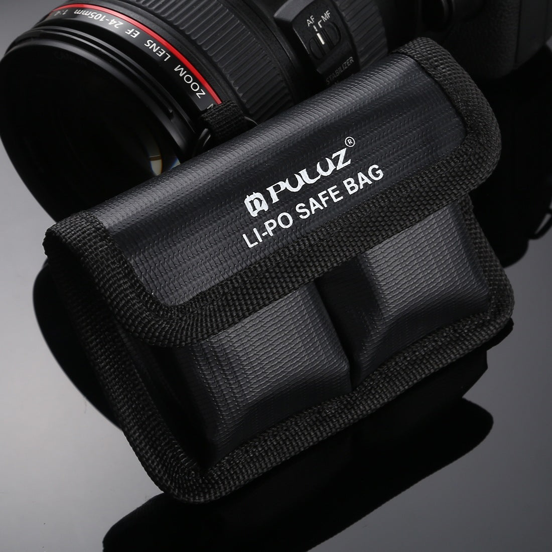 Action camera lithium battery explosion-proof storage bag with carabiner, designed for safety and protection.