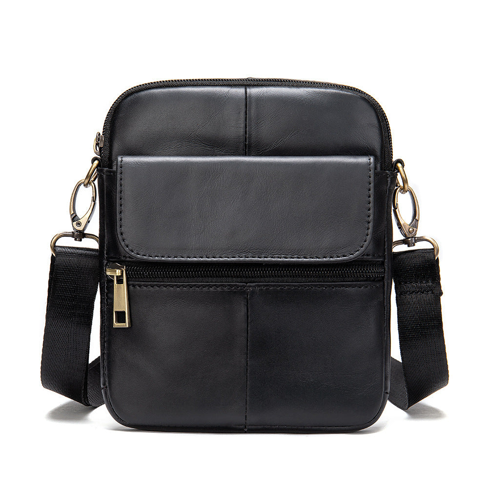 Men's leather waist bag, casual square design with zipper and adjustable strap for mobile and ID storage.