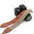 SLR digital camera strap in dark grey and brown cotton, 120 cm long, soft design with leather ends, ideal for photography.