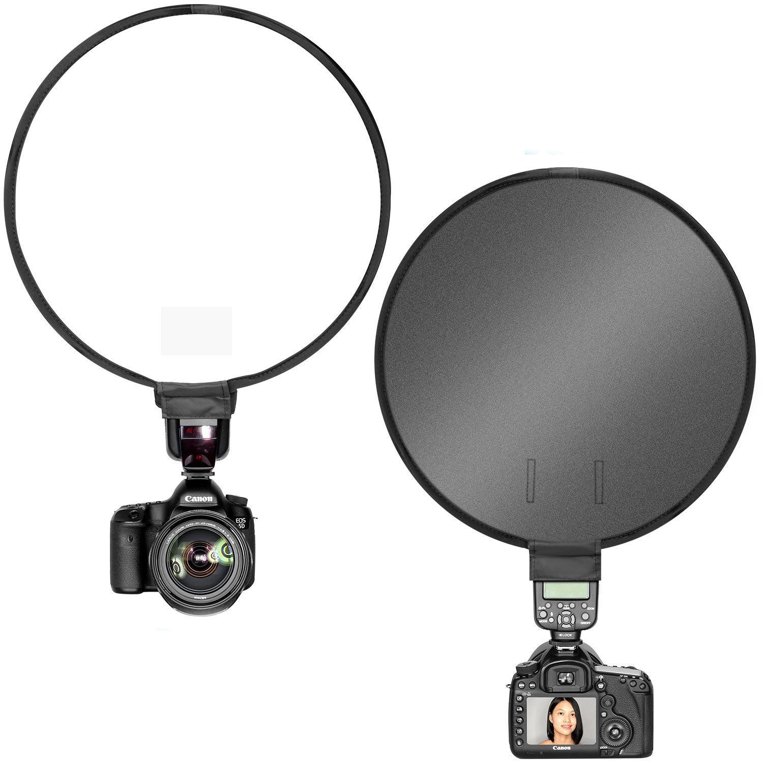On-camera flash ring soft diffuser, 30cm/40cm, reflective material, enhances lighting for photography with soft cloth finish.