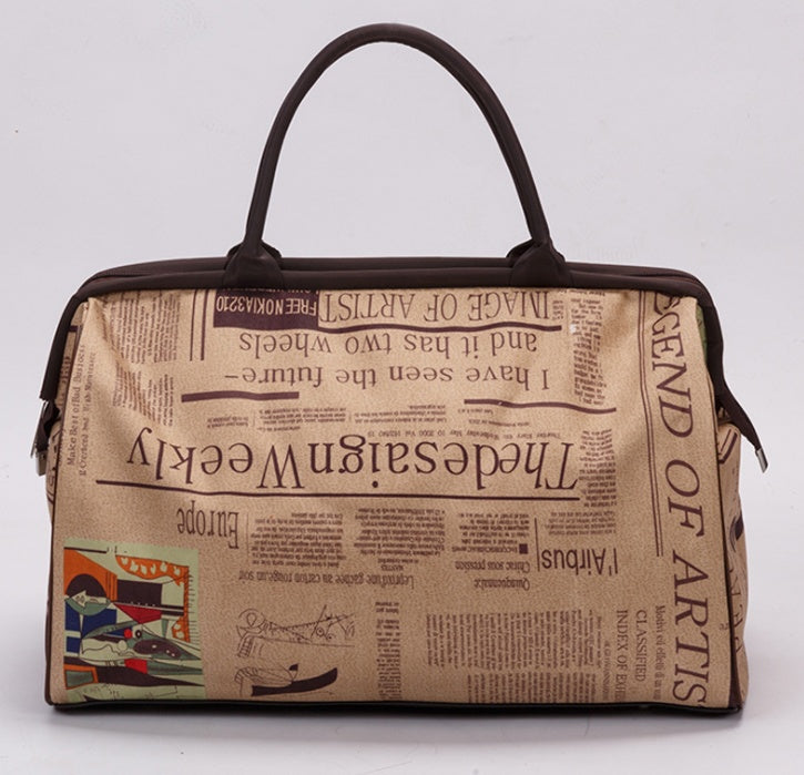 Stylish printed handbag featuring a newspaper design, perfect for casual outings and daily use.