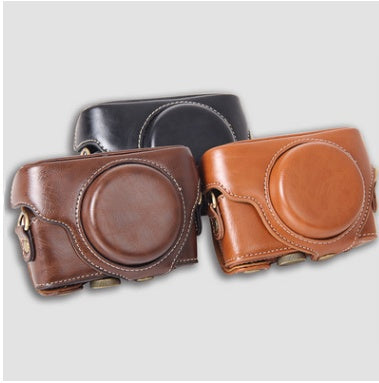 Three leather camera holsters in black, brown, and tan for Sony RX100 series, providing stylish protection.