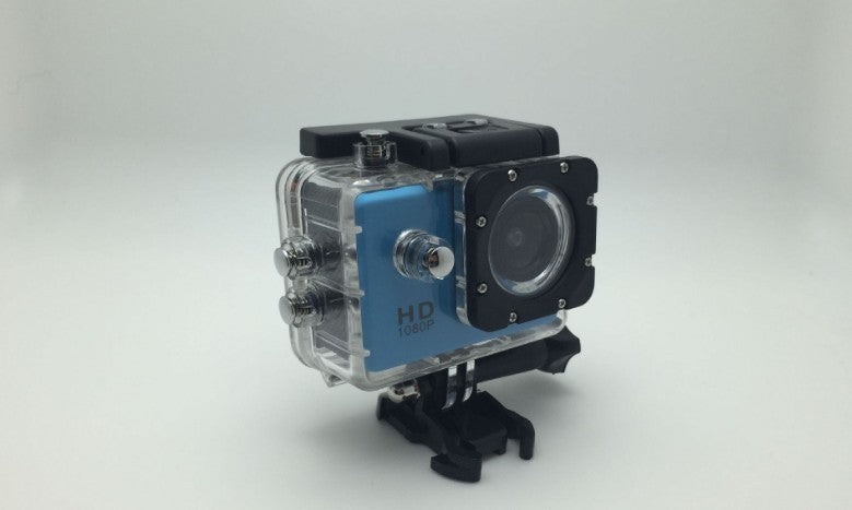 Waterproof sports camera recorder with HD capability and protective housing for outdoor adventures.