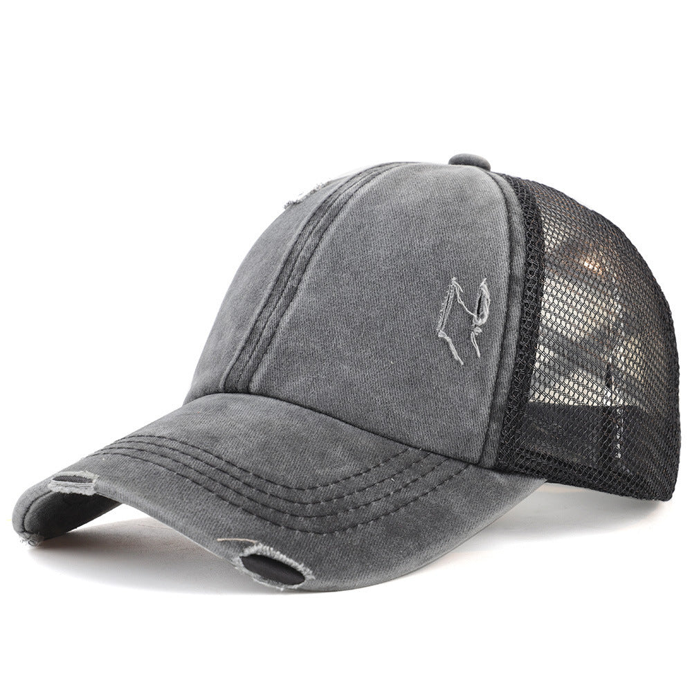 Washed gray baseball cap with mesh side panels, adjustable fit, perfect for sun protection and casual style.