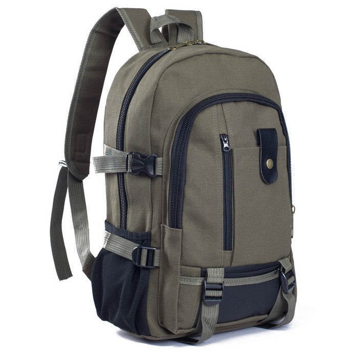 Men's canvas backpack in olive green, featuring zipper closure, multiple pockets, and adjustable straps.