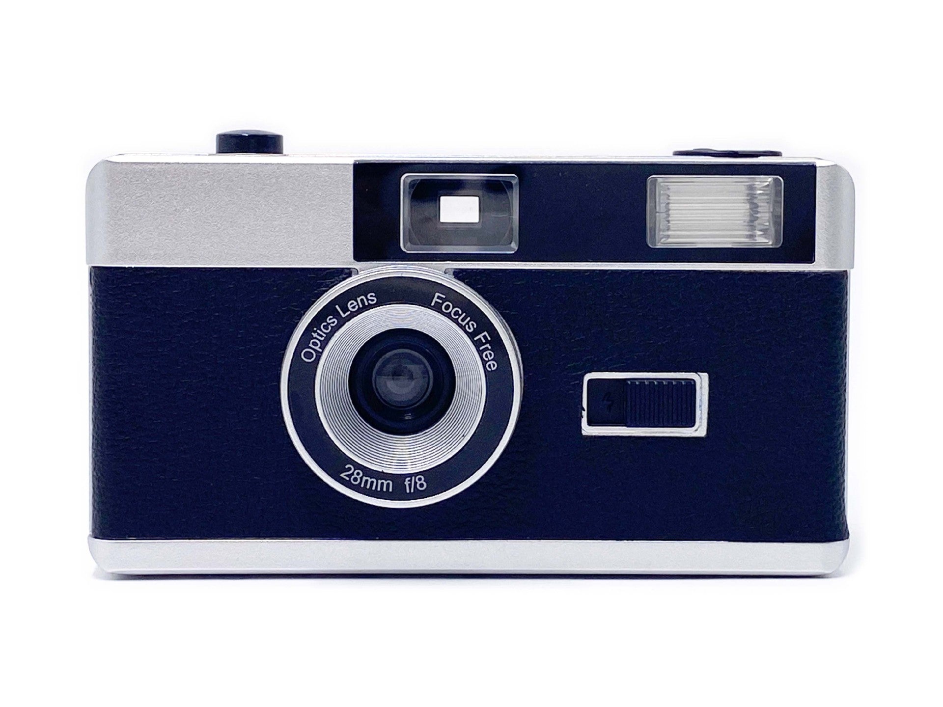 Retro 35mm film camera with focus-free lens and built-in flash in black and silver design.