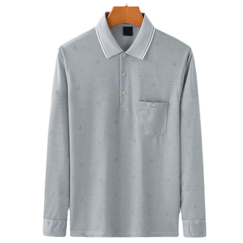 Men's long-sleeved polo shirt with lapel collar and pocket, ideal for casual spring and autumn wear.