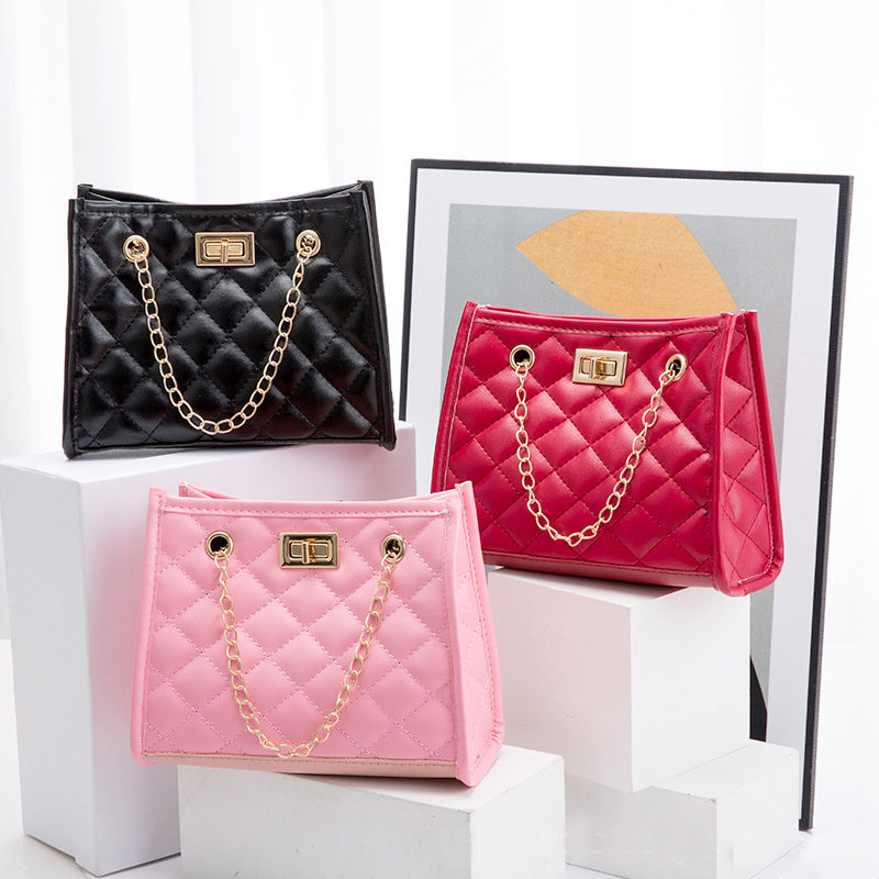 Mini chain shoulder bags in black, pink, and red with rhombus sewing, perfect for women on the go.