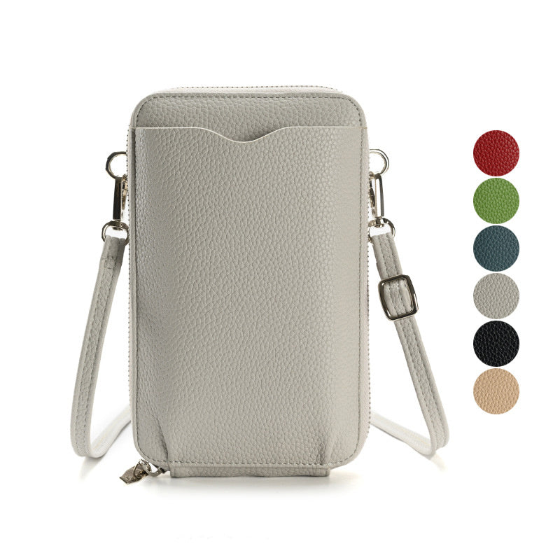 High-quality grey lychee pattern mobile phone bag for women with shoulder strap and multiple color options.